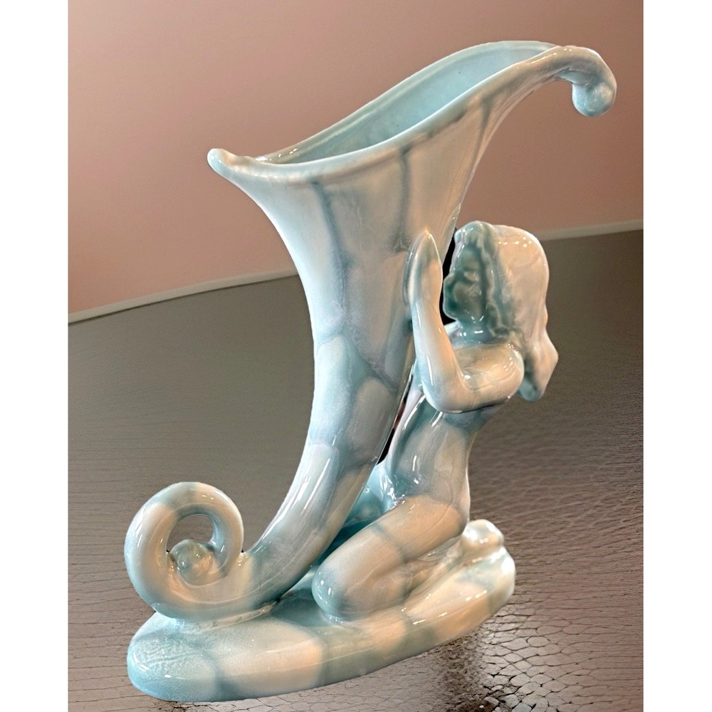 Vtg Haeger Cornucopia Nymph Vase Marbled Turquoise Aqua Blue 8" H Art Nouveau